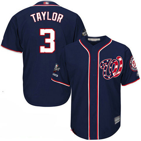 Nationals #3 Michael Taylor Navy Blue Cool Base 2019 World Series Champions Stitched Youth Baseball Jersey