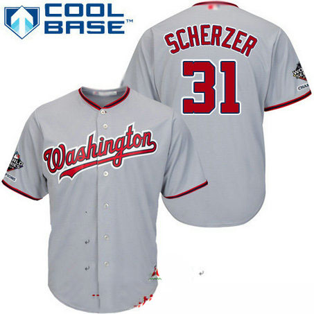Nationals #31 Max Scherzer Grey New Cool Base 2019 World Series Champions Stitched Baseball Jersey