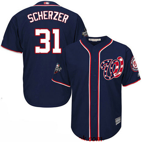 Nationals #31 Max Scherzer Navy Blue New Cool Base 2019 World Series Bound Stitched Baseball Jersey