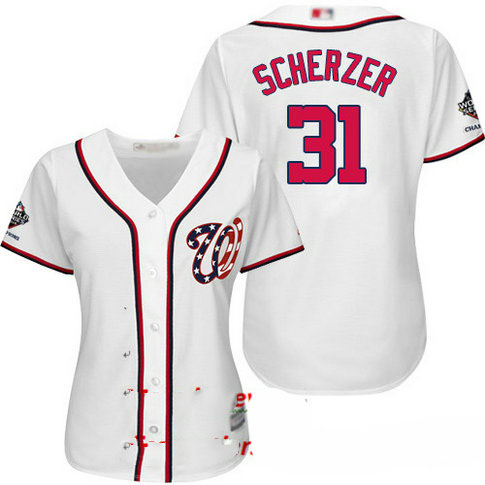 Nationals #31 Max Scherzer White Home 2019 World Series Champions Women's Stitched Baseball Jersey