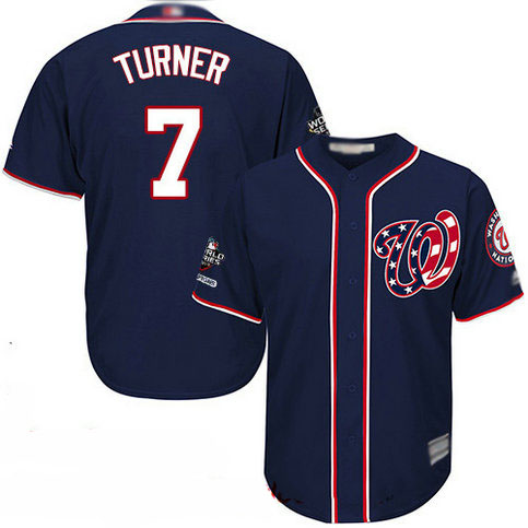 Nationals #7 Trea Turner Navy Blue Cool Base 2019 World Series Champions Stitched Youth Baseball Jersey