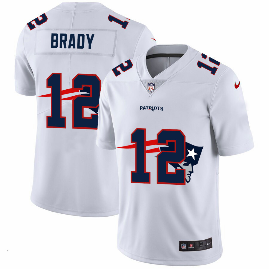 New England Patriots #12 Tom Brady White Men's Nike Team Logo Dual Overlap Limited NFL Jersey