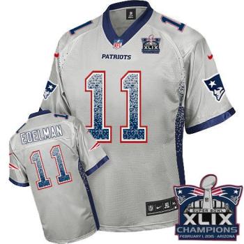 New England Patriots 11 Julian Edelman Grey Super Bowl XLIX Champions Stitched NFL Elite Drift Fashion Jersey