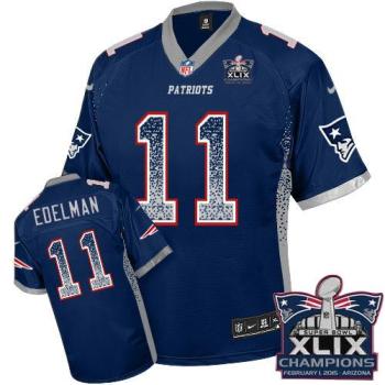 New England Patriots 11 Julian Edelman Navy Blue Team Color Super Bowl XLIX Champions Patch Stitched NFL Elite Drift Fashion Jersey
