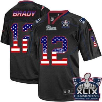 New England Patriots 12 Tom Brady Black Super Bowl XLIX Champions Patch Stitched NFL Elite USA Flag Fashion Jersey