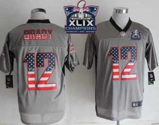 New England Patriots 12 Tom Brady Grey Super Bowl XLIX Champions Patch Stitched NFL Elite USA Flag Fashion Jersey