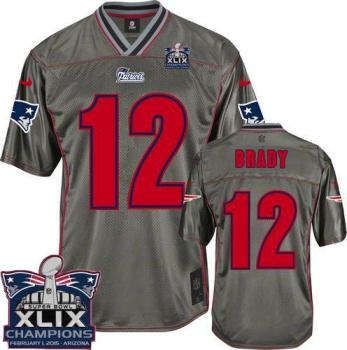 New England Patriots 12 Tom Brady Grey Super Bowl XLIX Champions Patch Stitched NFL Elite Vapor Jersey