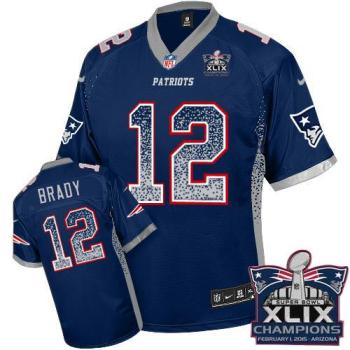 New England Patriots 12 Tom Brady Navy Blue Team Color Super Bowl XLIX Champions Patch Stitched NFL Elite Drift Fashion Jersey