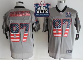 New England Patriots 87 Rob Gronkowski Grey Super Bowl XLIX Champions Patch Stitched NFL Elite USA Flag Fashion Jersey