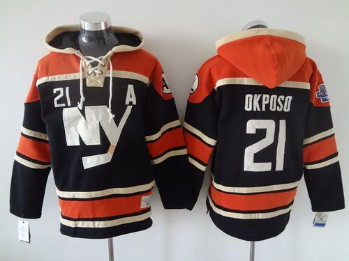 New York Islanders 21 Kyle Okposo Dark Blue Sawyer Hooded Sweatshirt NHL Jersey