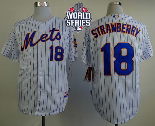 New York Mets 18 Darryl Strawberry White(Blue Strip) Home Cool Base 2015 World Series Patch MLB Jersey