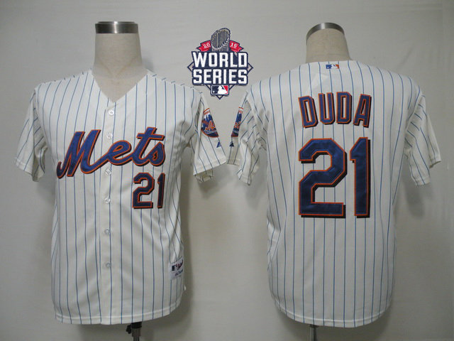 New York Mets 21 Lucas Duda Cream Blue Strip Alternate Cool Base 2015 World Series Patch MLB Jersey