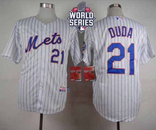 New York Mets 21 Lucas Duda White(Blue Strip) Home Cool Base 2015 World Series Patch MLB Jersey
