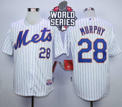 New York Mets 28 Daniel Murphy White(Blue Strip) Cool Base 2015 World Series Patch MLB Jersey