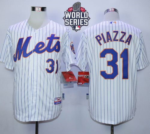 New York Mets 31 Mike Piazza White(Blue Strip) Home Cool Base 2015 World Series Patch MLB Jersey