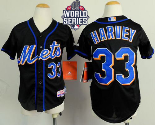 New York Mets 33 Matt Harvey Black Cool Base 2015 World Series Patch Kid MLB Jersey