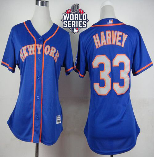 New York Mets 33 Matt Harvey Blue(Grey NO.) Alternate Road 2015 World Series Patch Women MLB Jersey