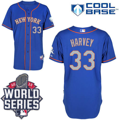 New York Mets 33 Matt Harvey Blue(Grey NO.) Alternate Road Cool Base 2015 World Series Patch MLB Jersey