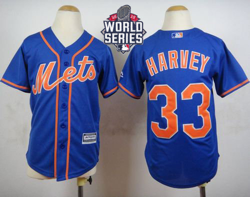 New York Mets 33 Matt Harvey Blue Alternate Home Cool 2015 World Series Patch Kid MLB Jersey