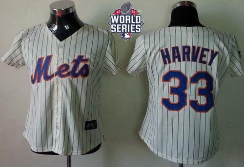 New York Mets 33 Matt Harvey Cream(Blue Strip) 2015 World Series Patch Fashion Women MLB Jersey
