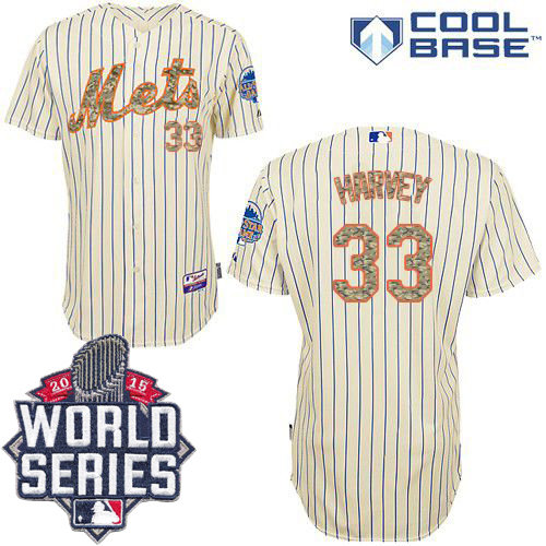 New York Mets 33 Matt Harvey Cream(Blue Strip) USMC Cool Base 2015 World Series Patch MLB Jersey