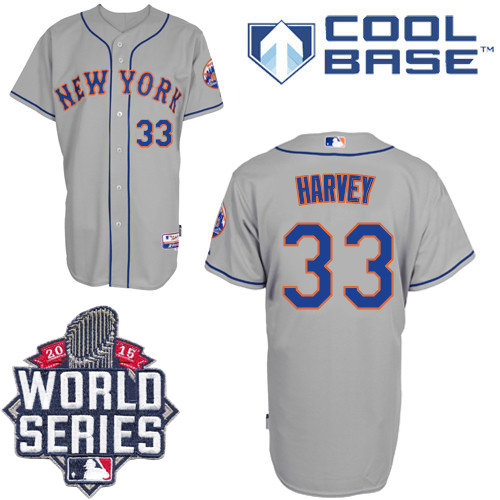New York Mets 33 Matt Harvey Grey Road Cool Base 2015 World Series Patch MLB Jersey