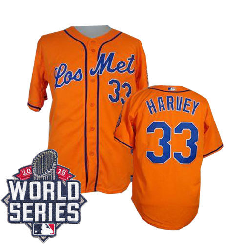 New York Mets 33 Matt Harvey Orange Los Mets Cool Base 2015 World Series Patch MLB Jersey