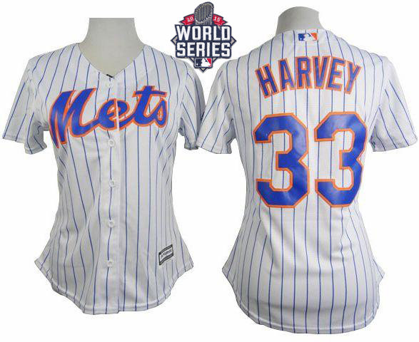 New York Mets 33 Matt Harvey White(Blue Strip) 2015 World Series Patch Home Women MLB Jersey