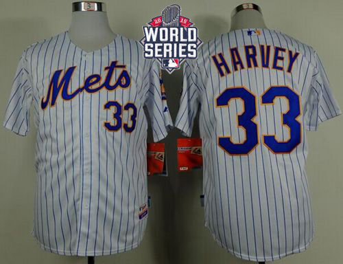 New York Mets 33 Matt Harvey White(Blue Strip) Home Cool Base 2015 World Series Patch MLB Jersey