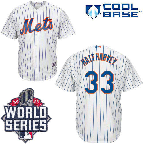 New York Mets 33 Matt Harvey White(Blue Strip) New Cool Base 2015 World Series Patch MLB Jersey