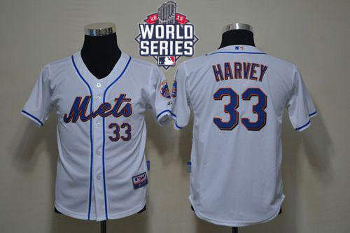 New York Mets 33 Matt Harvey White Cool Base 2015 World Series Patch Kid MLB Jersey