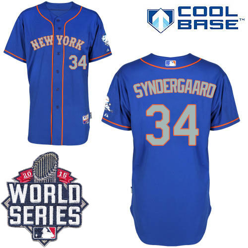 New York Mets 34 Noah Syndergaard Blue(Grey NO.) Alternate Road Cool Base 2015 World Series Patch MLB Jersey