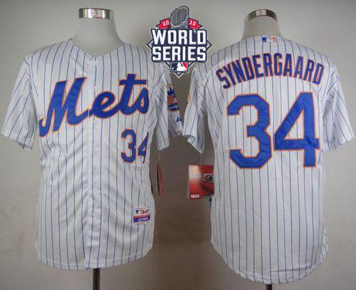 New York Mets 34 Noah Syndergaard White(Blue Strip) Home Cool Base 2015 World Series Patch MLB Jersey
