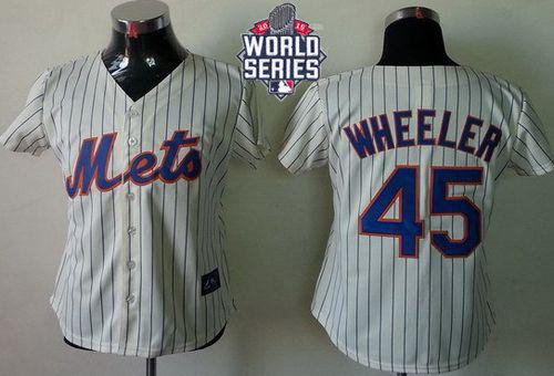 New York Mets 45 Zack Wheeler Cream(Blue Strip) 2015 World Series Patch Fashion Women MLB Jersey