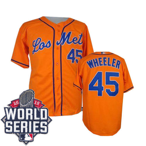 New York Mets 45 Zack Wheeler Cream(Blue Strip) USMC Cool Base 2015 World Series Patch MLB Jersey