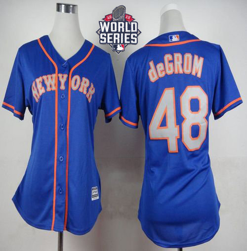 New York Mets 48 Jacob deGrom Blue(Grey NO.) Alternate Road 2015 World Series Patch Women MLB Jersey