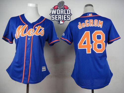 New York Mets 48 Jacob deGrom Blue Alternate 2015 World Series Patch Women MLB Jersey