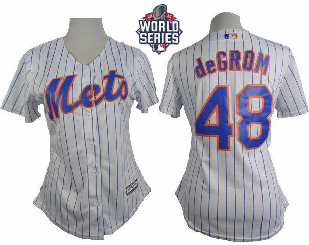 New York Mets 48 Jacob deGrom White(Blue Strip) 2015 World Series Patch Home Women MLB Jersey