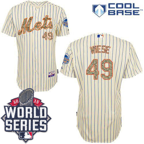 New York Mets 49 Jon Niese Cream(Blue Strip) USMC Cool Base 2015 World Series Patch MLB Jersey