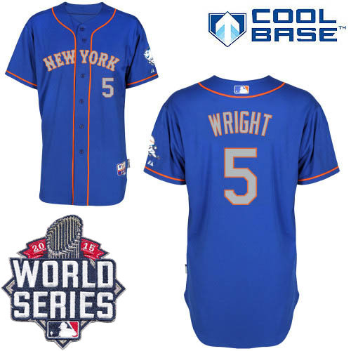 New York Mets 5 David Wright Blue(Grey NO.) Alternate Road Cool Base 2015 World Series Patch MLB Jersey