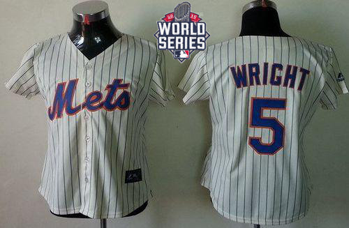 New York Mets 5 David Wright Cream(Blue Strip) 2015 World Series Patch Fashion Women MLB Jersey