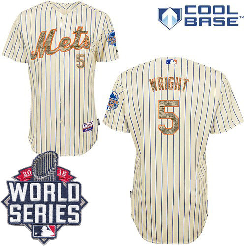 New York Mets 5 David Wright Cream(Blue Strip) USMC Cool Base 2015 World Series Patch MLB Jersey
