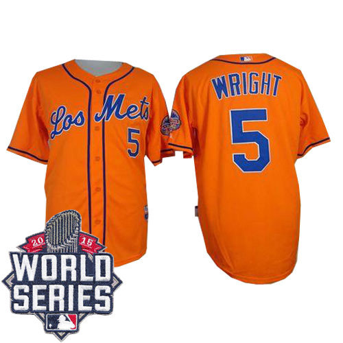 New York Mets 5 David Wright Orange Los Mets Cool Base 2015 World Series Patch MLB Jersey