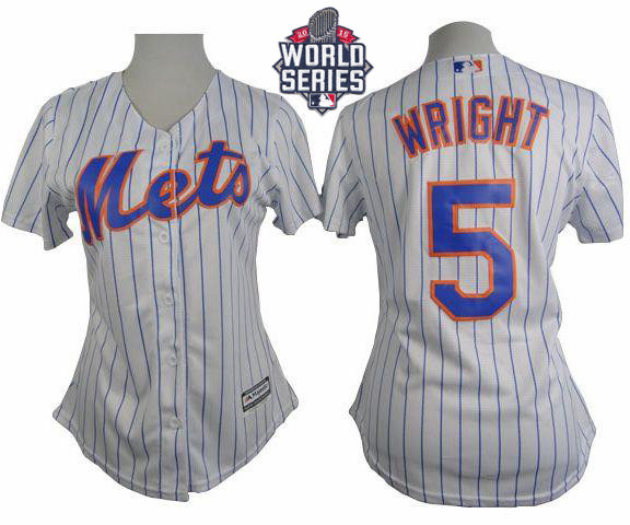 New York Mets 5 David Wright White(Blue Strip) 2015 World Series Patch Home Women MLB Jersey