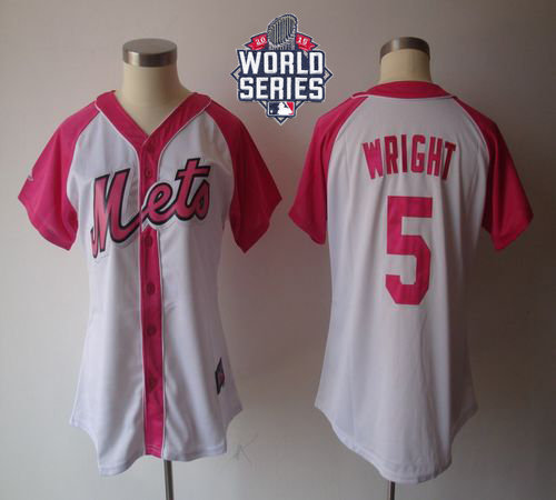 New York Mets 5 David Wright White Pink 2015 World Series Patch Splash Fashion Women MLB Jersey
