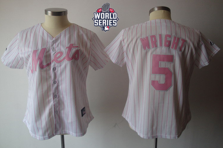 New York Mets 5 David Wright White Pink Strip 2015 World Series Patch Fashion Women MLB Jersey