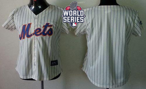 New York Mets Blank Cream(Blue Strip) 2015 World Series Patch Fashion Women MLB Jersey
