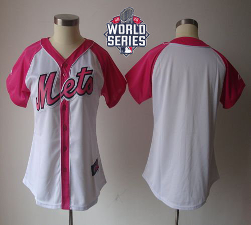 New York Mets Blank White Pink 2015 World Series Patch Splash Fashion Women MLB Jersey