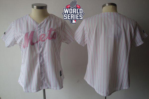 New York Mets Blank White Pink Strip 2015 World Series Patch Fashion Women MLB Jersey