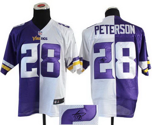 Nike 2013 Minnesota Vikings 28# Adrian Peterson White Purple Split Elite signature jerseys